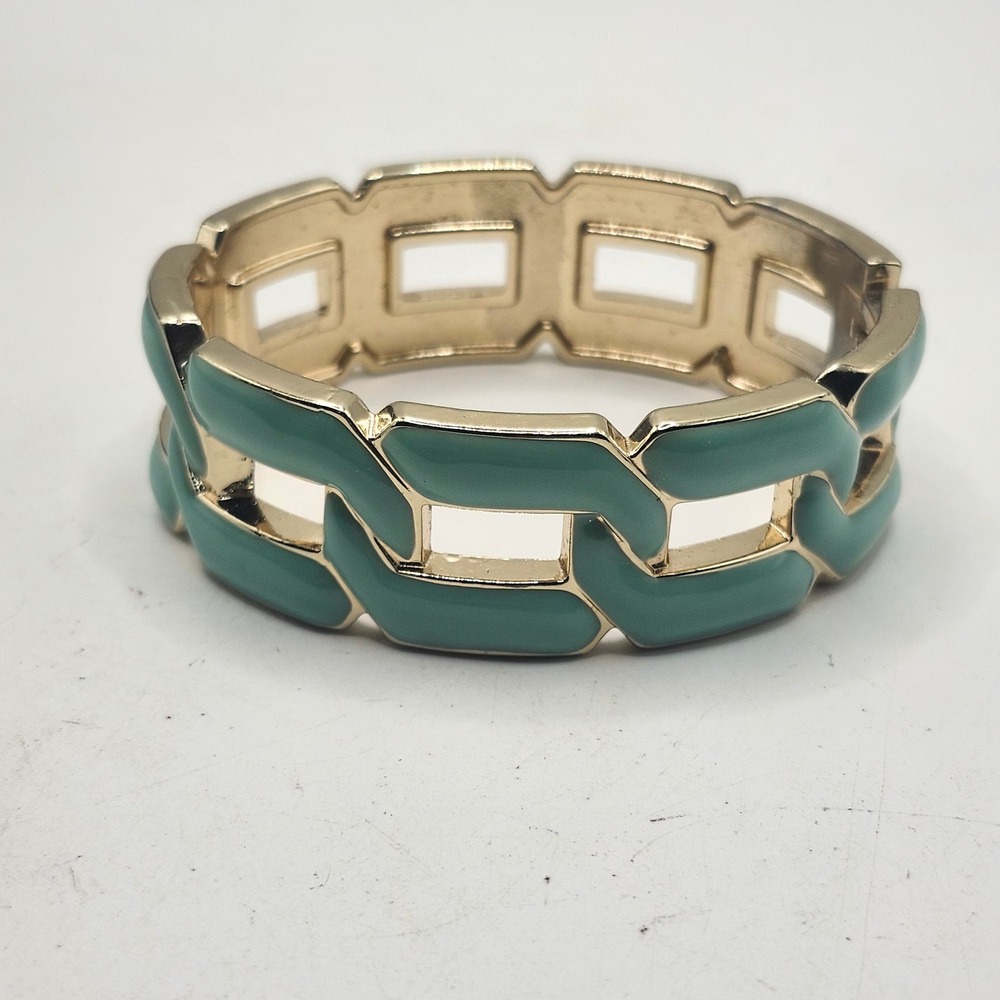 Seafoam Green Enamel Gold Tone Curb Link Wide Hinged Bangle Statement Bracelet